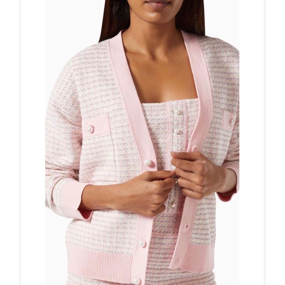Sandro Paris Cardigan Women 1 Pink Excellent Houndstooth Pearl VNeck SFPC A00509